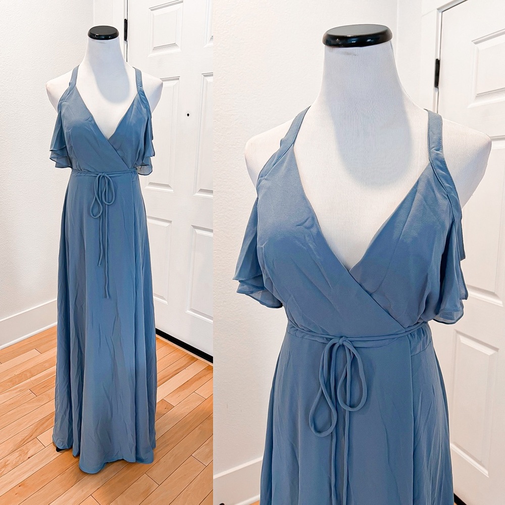 Lulus easy listening cold shoulder ruffle wrap maxi dress bridesmaid slate blue